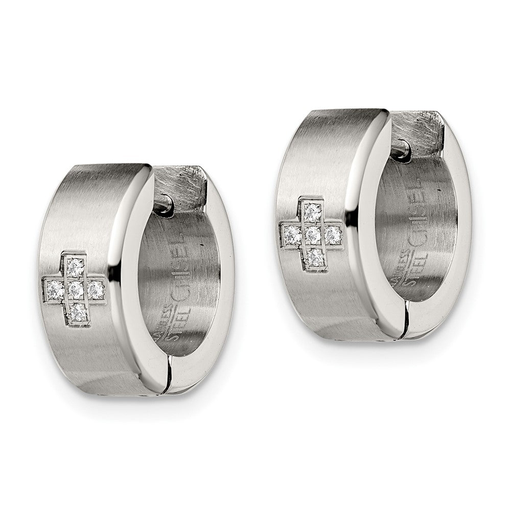 Stainless Steel Chisel Brushed And Polished With Cz 6mm Hinged Hoop Earrings