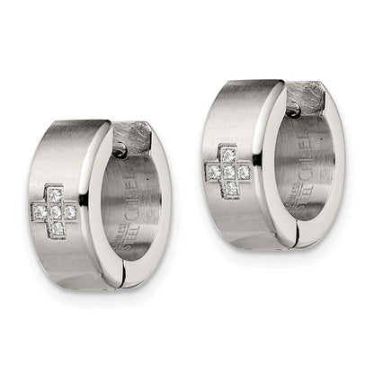 Stainless Steel Chisel Brushed And Polished With Cz 6mm Hinged Hoop Earrings