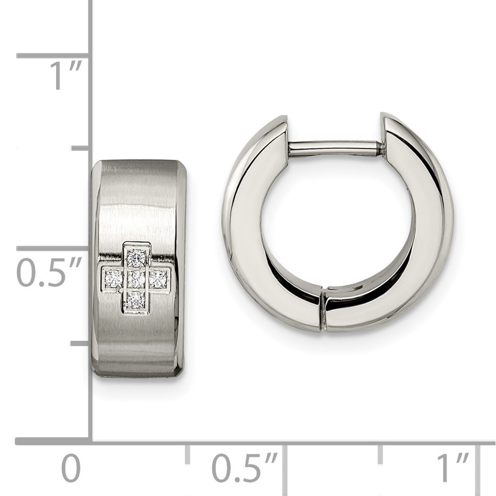 Stainless Steel Chisel Brushed And Polished With Cz 6mm Hinged Hoop Earrings