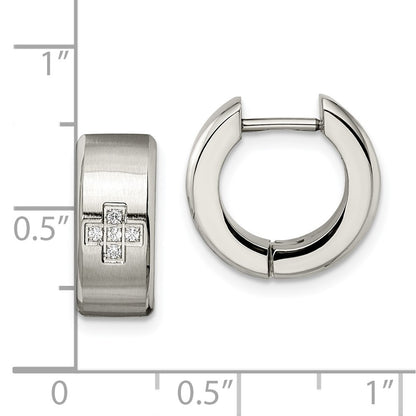Stainless Steel Chisel Brushed And Polished With Cz 6mm Hinged Hoop Earrings