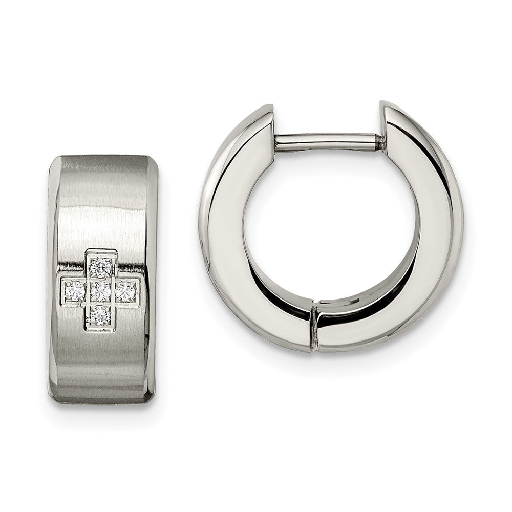 Stainless Steel Chisel Brushed And Polished With Cz 6mm Hinged Hoop Earrings