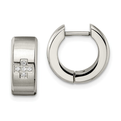 Stainless Steel Chisel Brushed And Polished With Cz 6mm Hinged Hoop Earrings