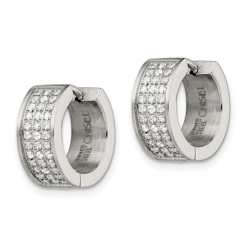 Stainless Steel Chisel Brushed And Polished With Cz 6mm Hinged Hoop Earrings