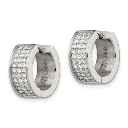 Stainless Steel Chisel Brushed And Polished With Cz 6mm Hinged Hoop Earrings