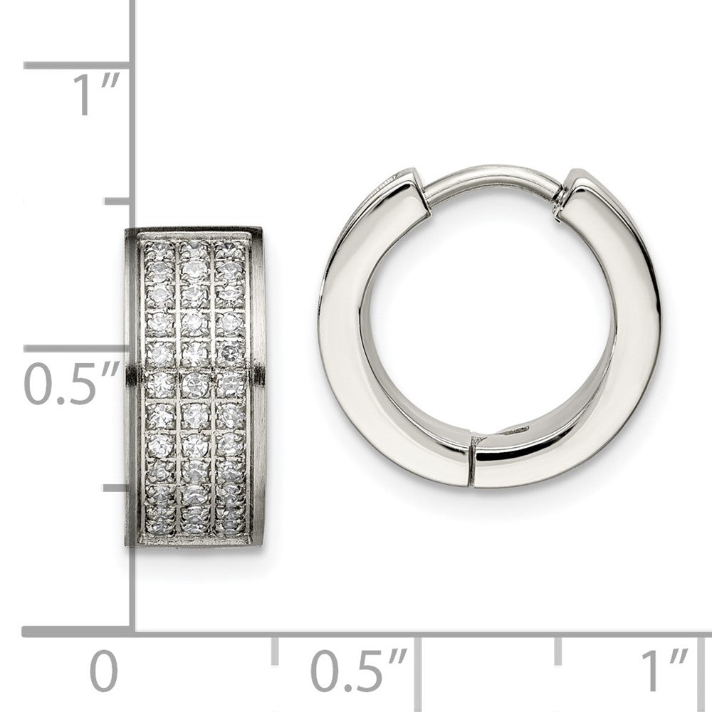 Stainless Steel Chisel Brushed And Polished With Cz 6mm Hinged Hoop Earrings