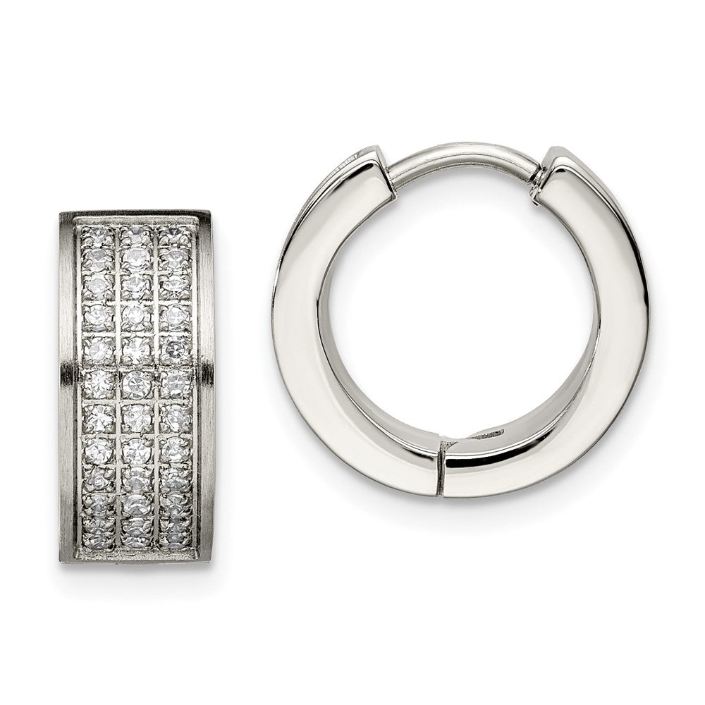 Stainless Steel Chisel Brushed And Polished With Cz 6mm Hinged Hoop Earrings