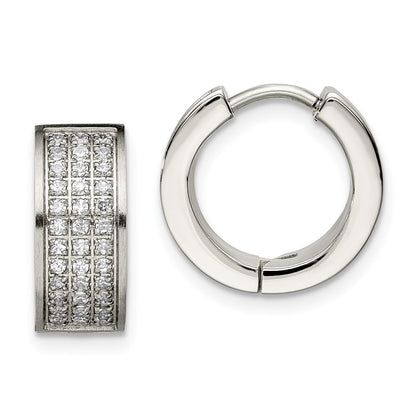 Stainless Steel Chisel Brushed And Polished With Cz 6mm Hinged Hoop Earrings
