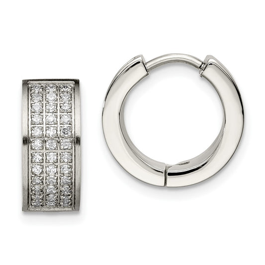 Stainless Steel Chisel Brushed And Polished With Cz 6mm Hinged Hoop Earrings