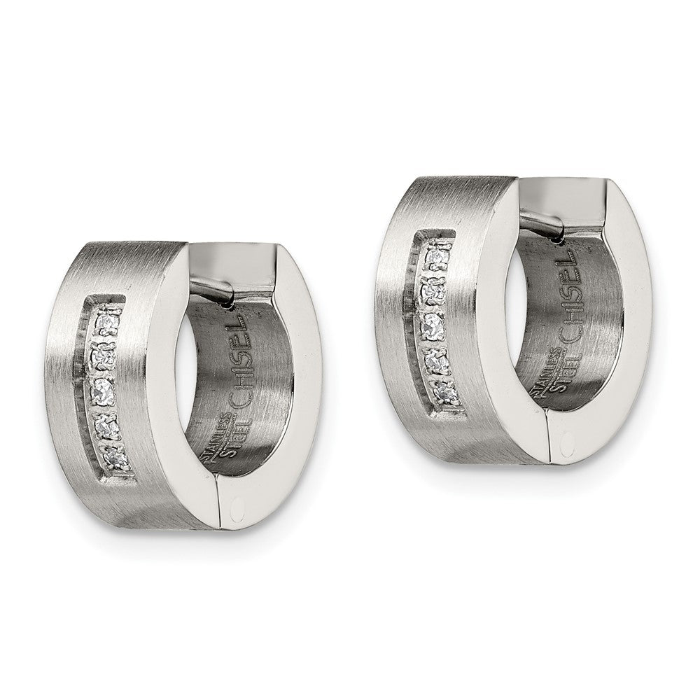 Stainless Steel Chisel Brushed And Polished With Cz 5mm Hinged Hoop Earrings