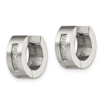 Stainless Steel Chisel Brushed And Polished With Cz 5mm Hinged Hoop Earrings