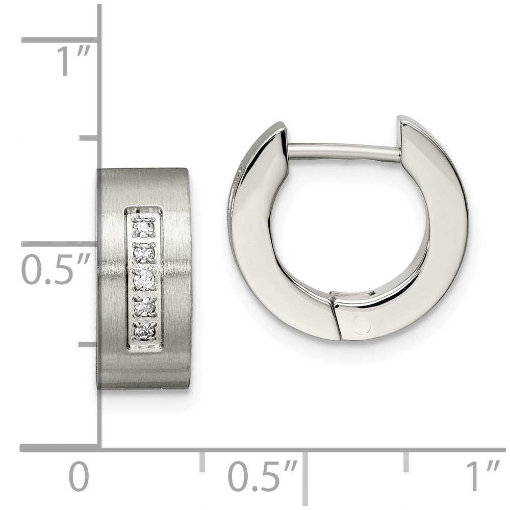 Stainless Steel Chisel Brushed And Polished With Cz 5mm Hinged Hoop Earrings