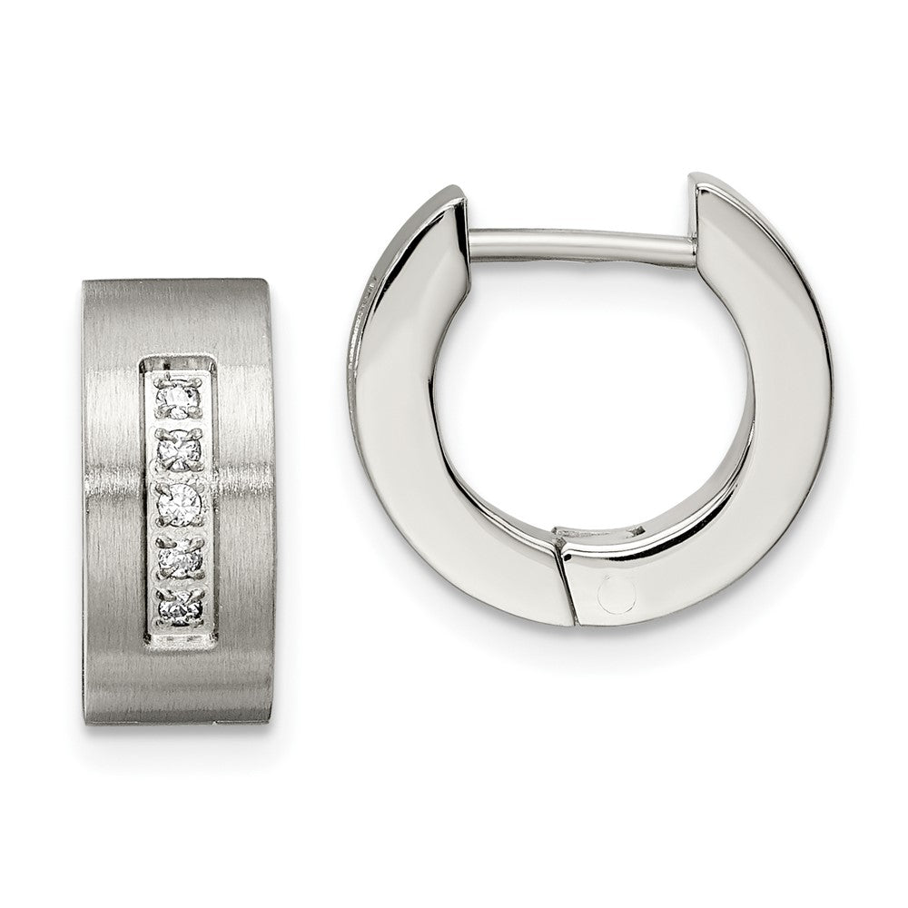 Stainless Steel Chisel Brushed And Polished With Cz 5mm Hinged Hoop Earrings