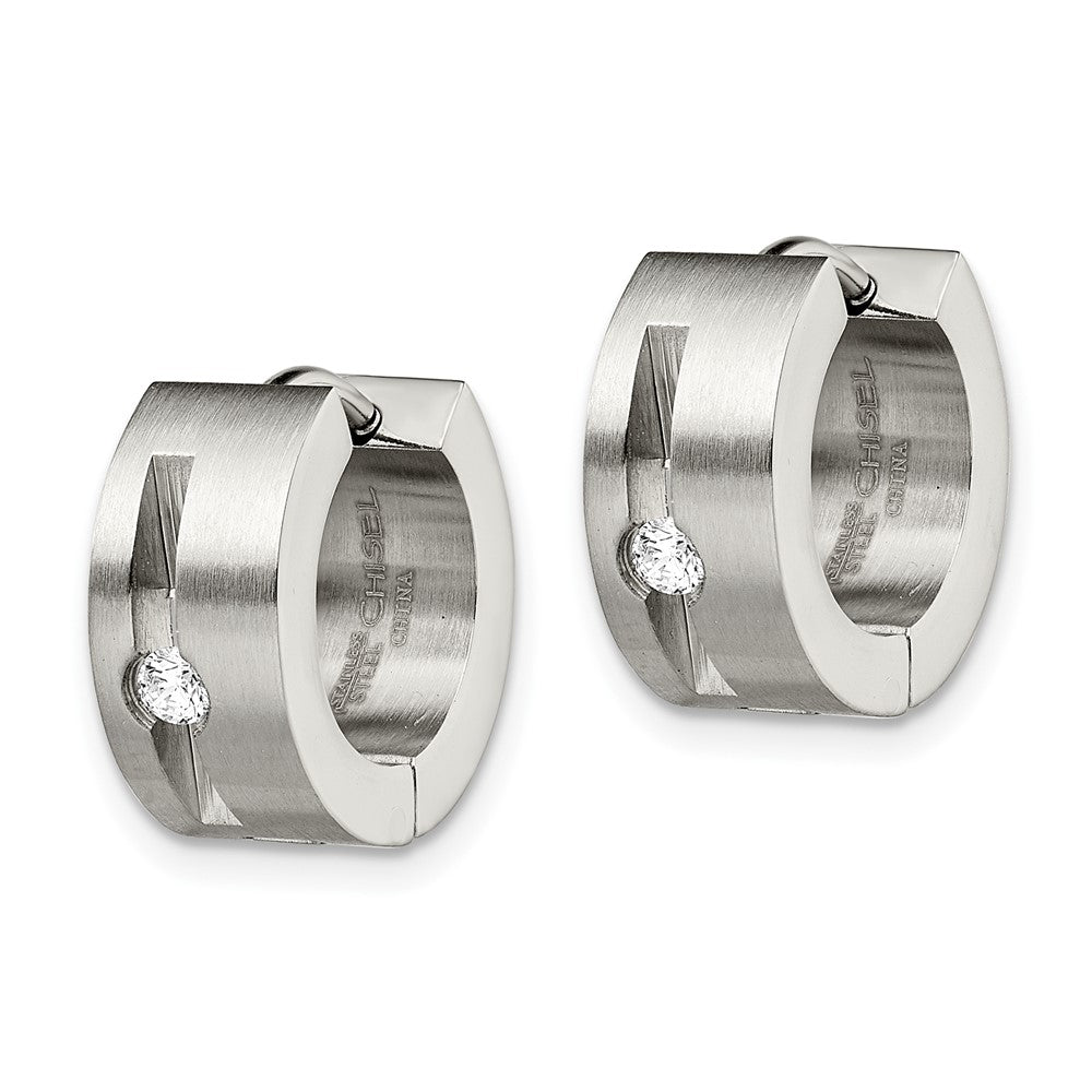 Stainless Steel Chisel Brushed And Polished With Cz 7mm Hinged Hoop Earrings