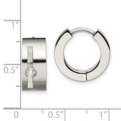 Stainless Steel Chisel Brushed And Polished With Cz 7mm Hinged Hoop Earrings