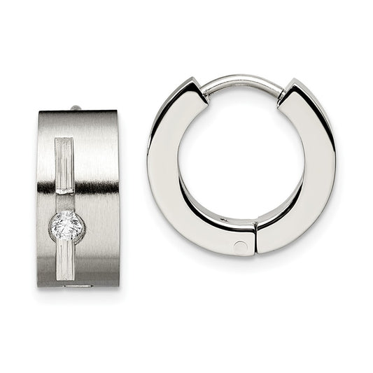 Stainless Steel Chisel Brushed And Polished With Cz 7mm Hinged Hoop Earrings