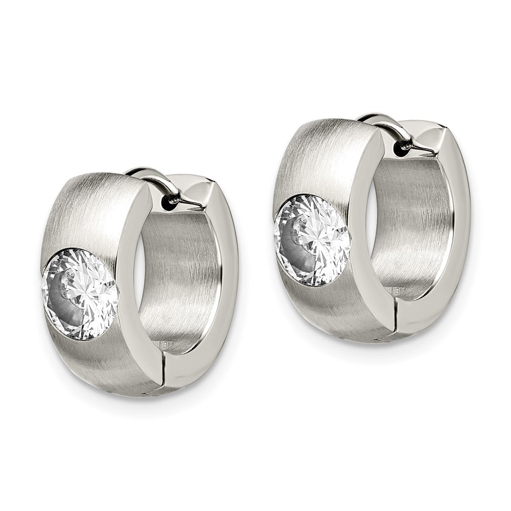 Stainless Steel Chisel Brushed And Polished With Cz Round 7mm Hinged Hoop Earrings
