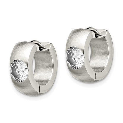 Stainless Steel Chisel Brushed And Polished With Cz Round 7mm Hinged Hoop Earrings