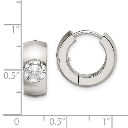 Stainless Steel Chisel Brushed And Polished With Cz Round 7mm Hinged Hoop Earrings