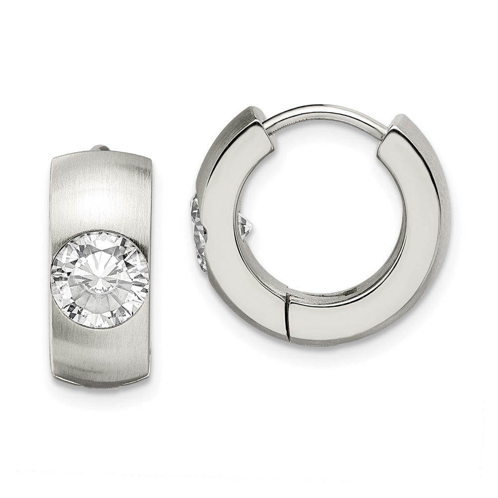 Stainless Steel Chisel Brushed And Polished With Cz Round 7mm Hinged Hoop Earrings