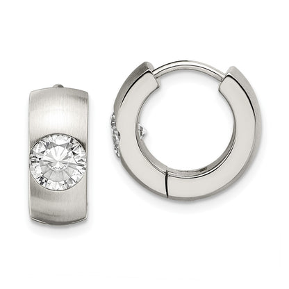 Stainless Steel Chisel Brushed And Polished With Cz Round 7mm Hinged Hoop Earrings