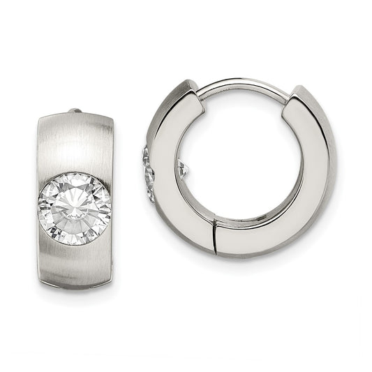 Stainless Steel Chisel Brushed And Polished With Cz Round 7mm Hinged Hoop Earrings