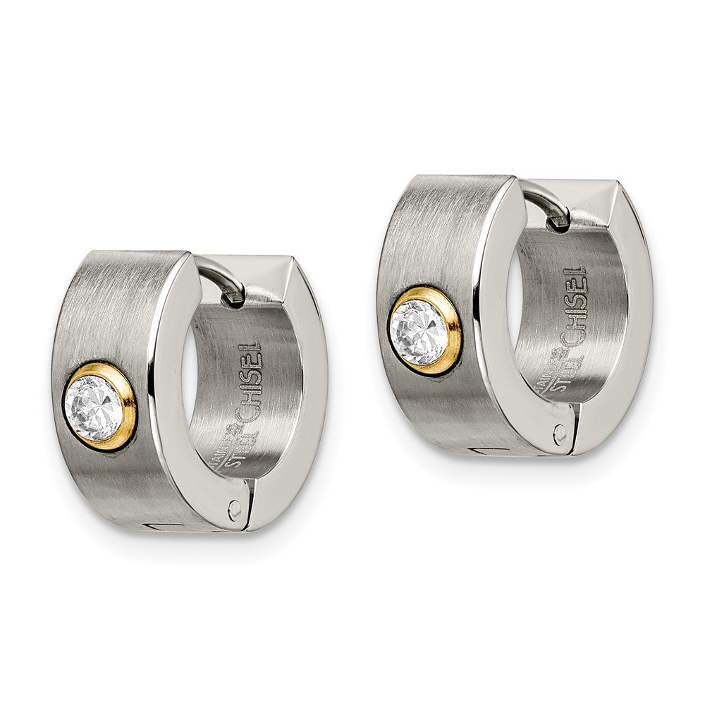 Stainless Steel Chisel Polished Yellow Ip-Plated With Cz 6mm Hinged Hoop Earrings