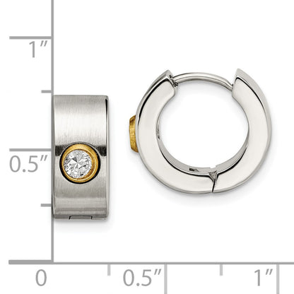 Stainless Steel Chisel Polished Yellow Ip-Plated With Cz 6mm Hinged Hoop Earrings