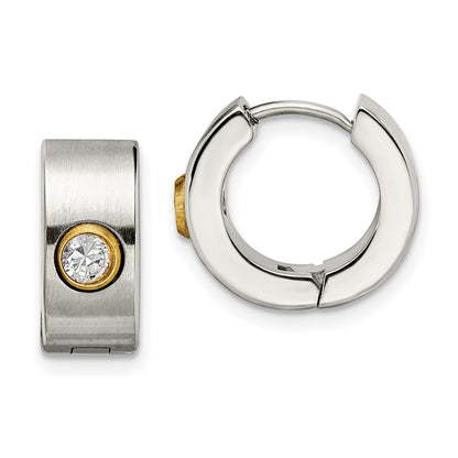 Stainless Steel Chisel Polished Yellow Ip-Plated With Cz 6mm Hinged Hoop Earrings
