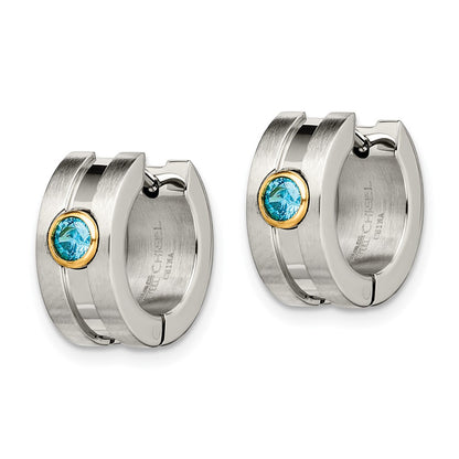 Stainless Steel Chisel Brushed And Polished Yellow Ip-Plated With Blue Cz Hinged Hoop Earrings