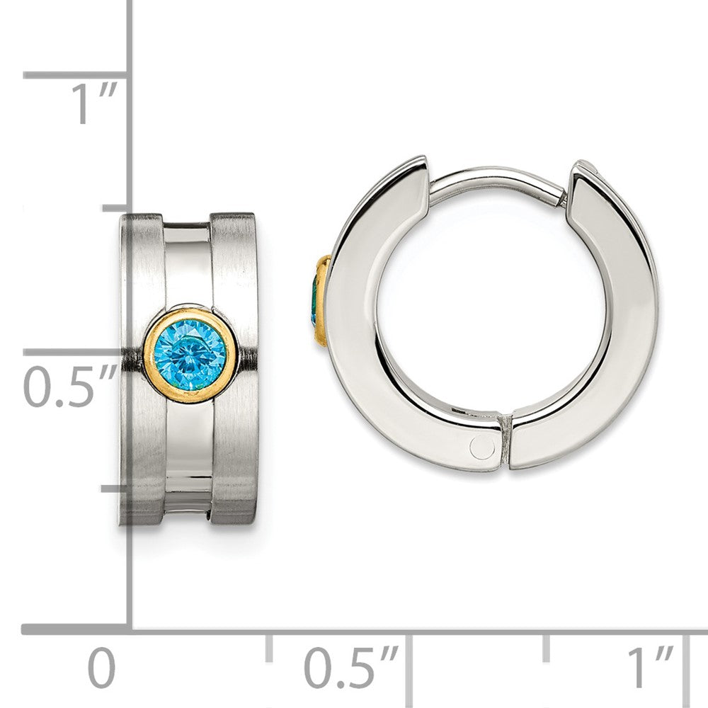 Stainless Steel Chisel Brushed And Polished Yellow Ip-Plated With Blue Cz Hinged Hoop Earrings