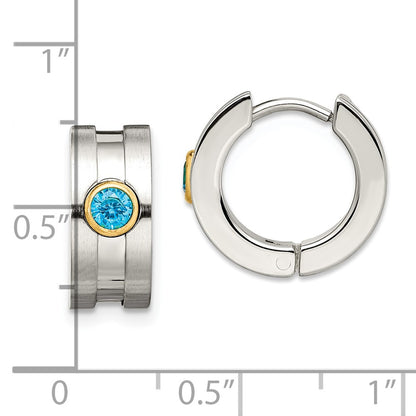Stainless Steel Chisel Brushed And Polished Yellow Ip-Plated With Blue Cz Hinged Hoop Earrings