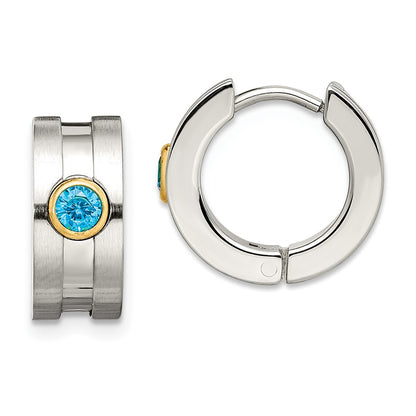 Stainless Steel Chisel Brushed And Polished Yellow Ip-Plated With Blue Cz Hinged Hoop Earrings