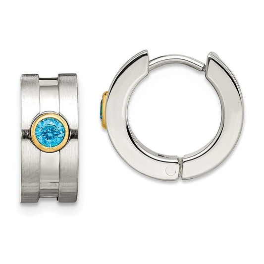 Stainless Steel Chisel Brushed And Polished Yellow Ip-Plated With Blue Cz Hinged Hoop Earrings