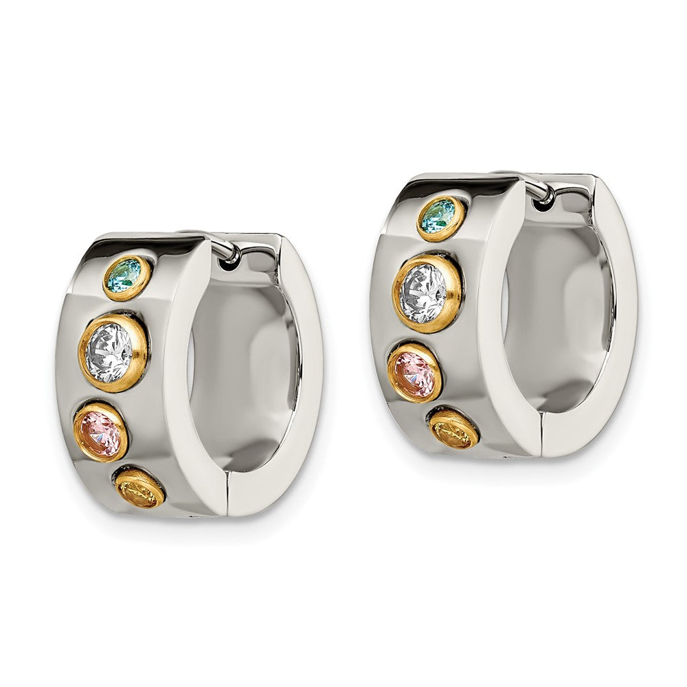 Stainless Steel Chisel Polished Yellow Ip-Plated With Multicolor Cz 7mm Hinged Hoop Earrings