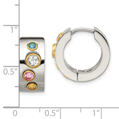 Stainless Steel Chisel Polished Yellow Ip-Plated With Multicolor Cz 7mm Hinged Hoop Earrings