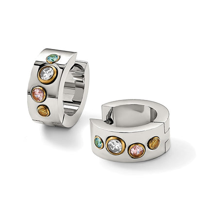 Stainless Steel Chisel Polished Yellow Ip-Plated With Multicolor Cz 7mm Hinged Hoop Earrings