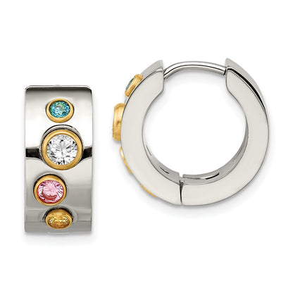 Stainless Steel Chisel Polished Yellow Ip-Plated With Multicolor Cz 7mm Hinged Hoop Earrings