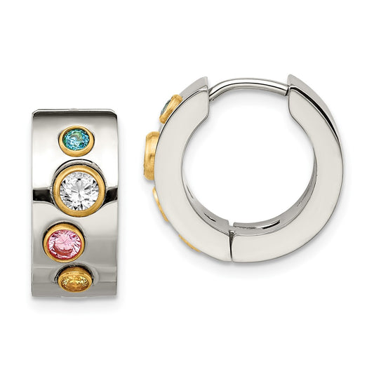 Stainless Steel Chisel Polished Yellow Ip-Plated With Multicolor Cz 7mm Hinged Hoop Earrings