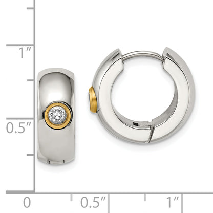 Stainless Steel Chisel Polished Yellow Ip-Plated With Cz 7mm Hinged Hoop Earrings