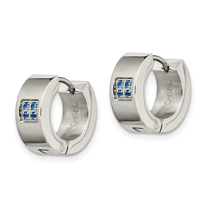 Stainless Steel Chisel Brushed And Polished With Blue Cz 6mm Hinged Hoop Earrings