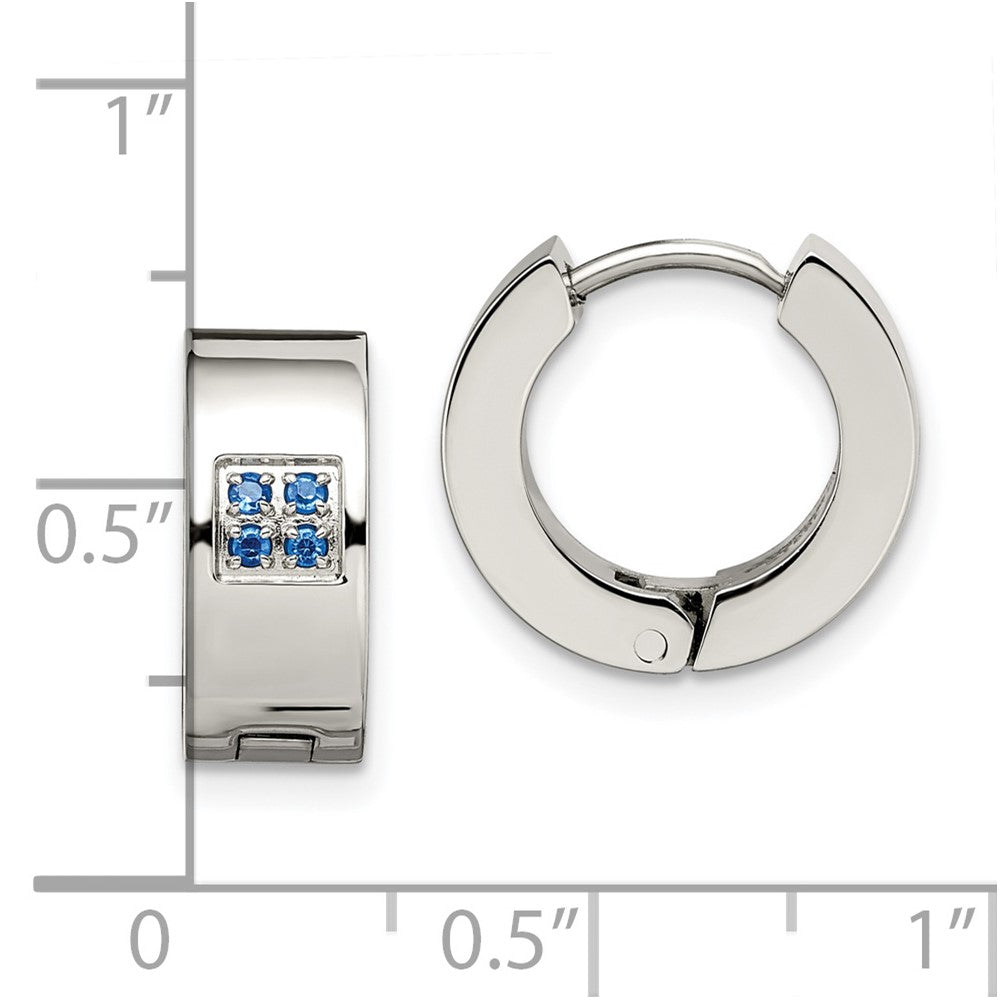 Stainless Steel Chisel Brushed And Polished With Blue Cz 6mm Hinged Hoop Earrings