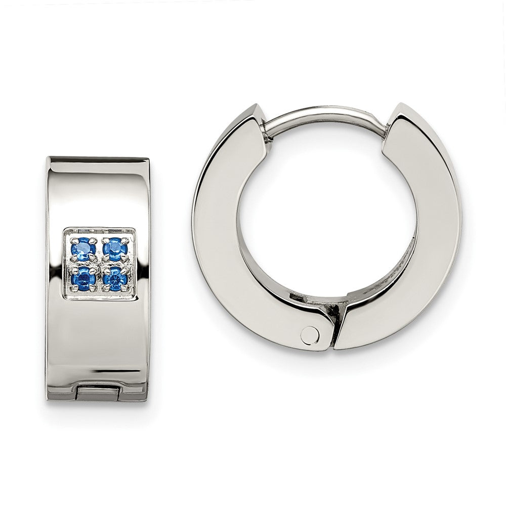 Stainless Steel Chisel Brushed And Polished With Blue Cz 6mm Hinged Hoop Earrings