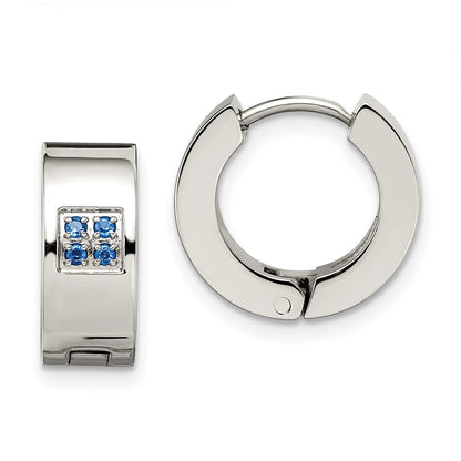 Stainless Steel Chisel Brushed And Polished With Blue Cz 6mm Hinged Hoop Earrings