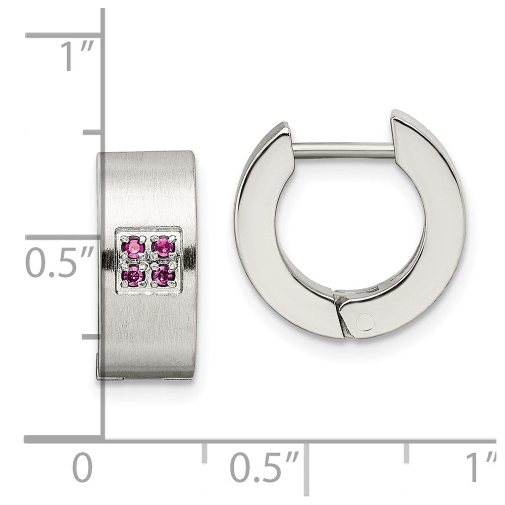 Stainless Steel Chisel Brushed And Polished With Pink Cz 5mm Hinged Hoop Earrings