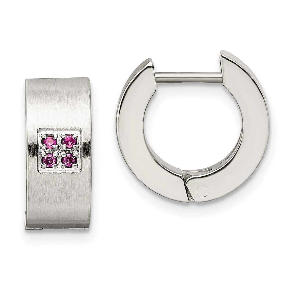 Stainless Steel Chisel Brushed And Polished With Pink Cz 5mm Hinged Hoop Earrings