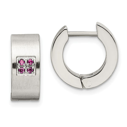 Stainless Steel Chisel Brushed And Polished With Pink Cz 5mm Hinged Hoop Earrings