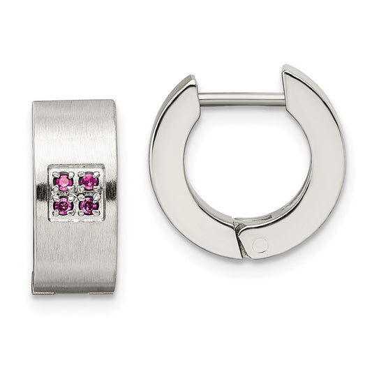 Stainless Steel Chisel Brushed And Polished With Pink Cz 5mm Hinged Hoop Earrings
