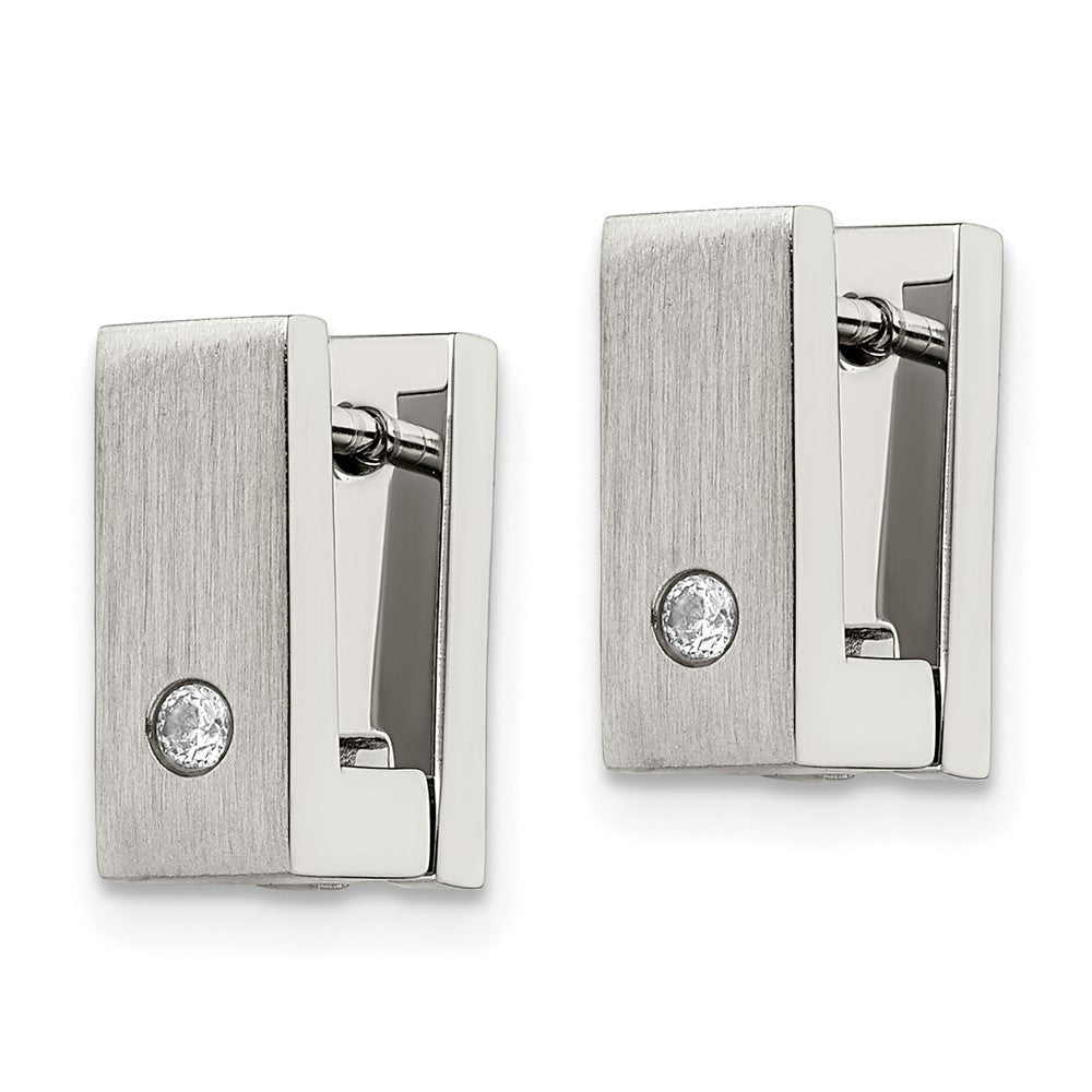 Stainless Steel Chisel Brushed And Polished With Cz 5mm Hinged Square Hoop Earrings