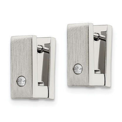 Stainless Steel Chisel Brushed And Polished With Cz 5mm Hinged Square Hoop Earrings
