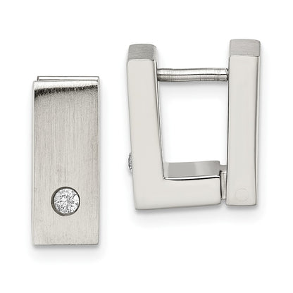 Stainless Steel Chisel Brushed And Polished With Cz 5mm Hinged Square Hoop Earrings